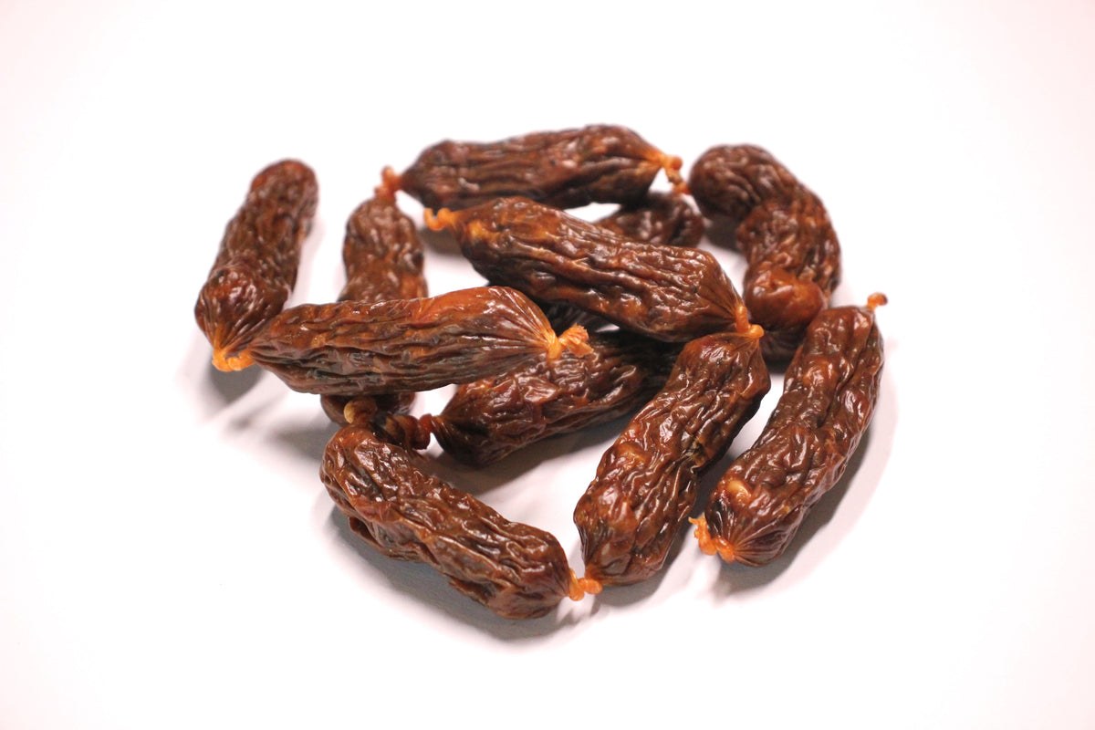 Gedroogde snackworstjes voor honden van 100% vlees, geschikt als beloning, trainingssnack of tussendoortje.