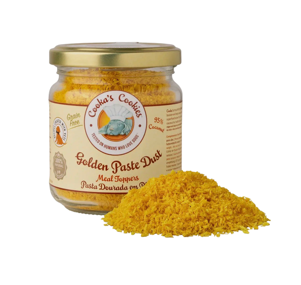 Gouden Pasta voor honden met kokos, kurkuma en zwarte peper, geschikt als natuurlijke maaltijdtopper of pasta voor een likmat.