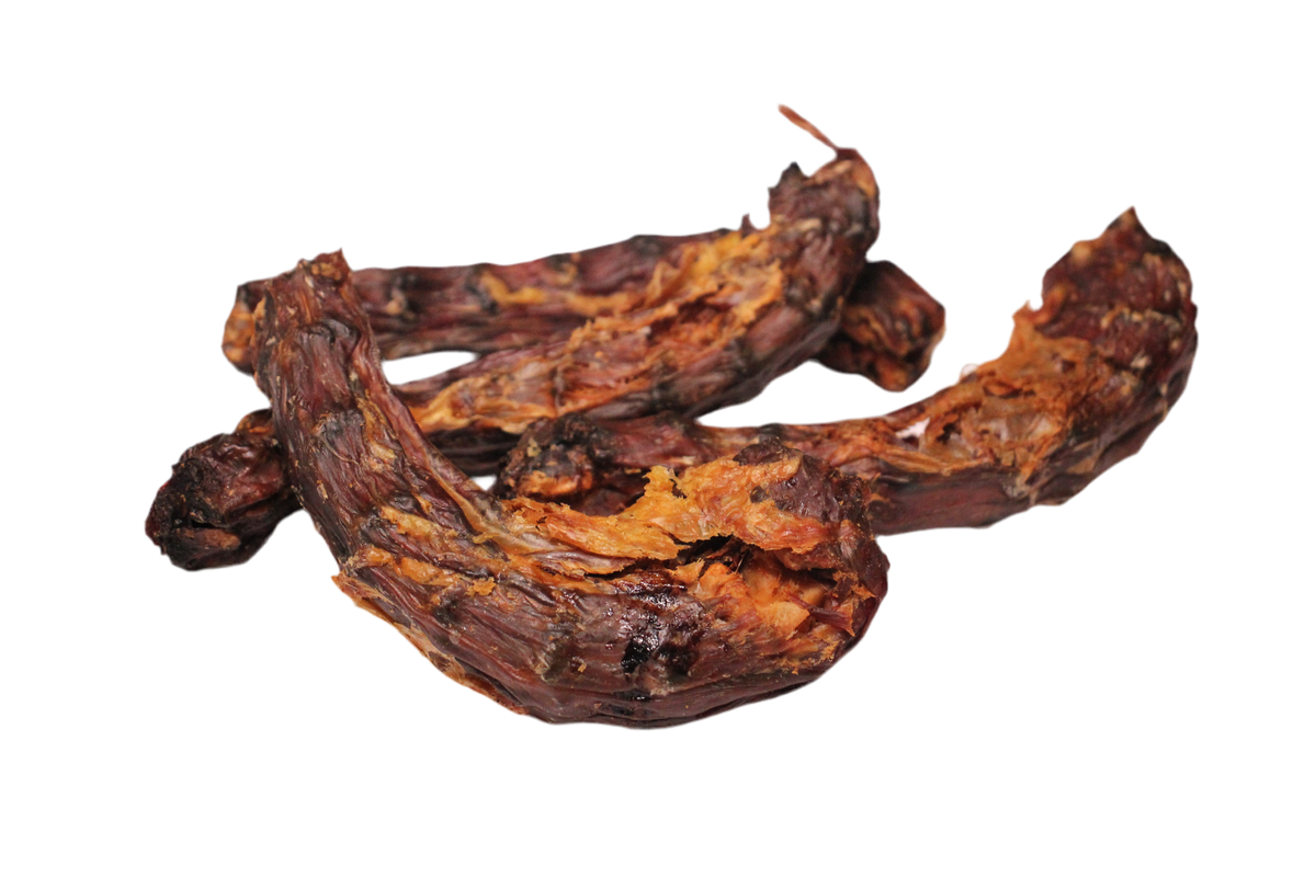 Eendennekken voor honden, een natuurlijke kauwsnack met vlees en kraakbeen en een stevige knapperige structuur.