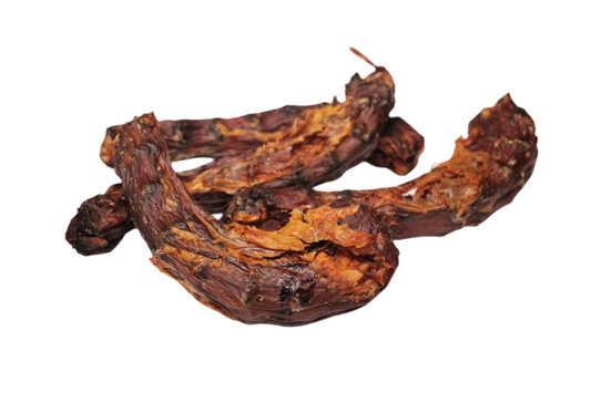 Eendennekken voor honden, een natuurlijke kauwsnack met vlees en kraakbeen en een stevige knapperige structuur.
