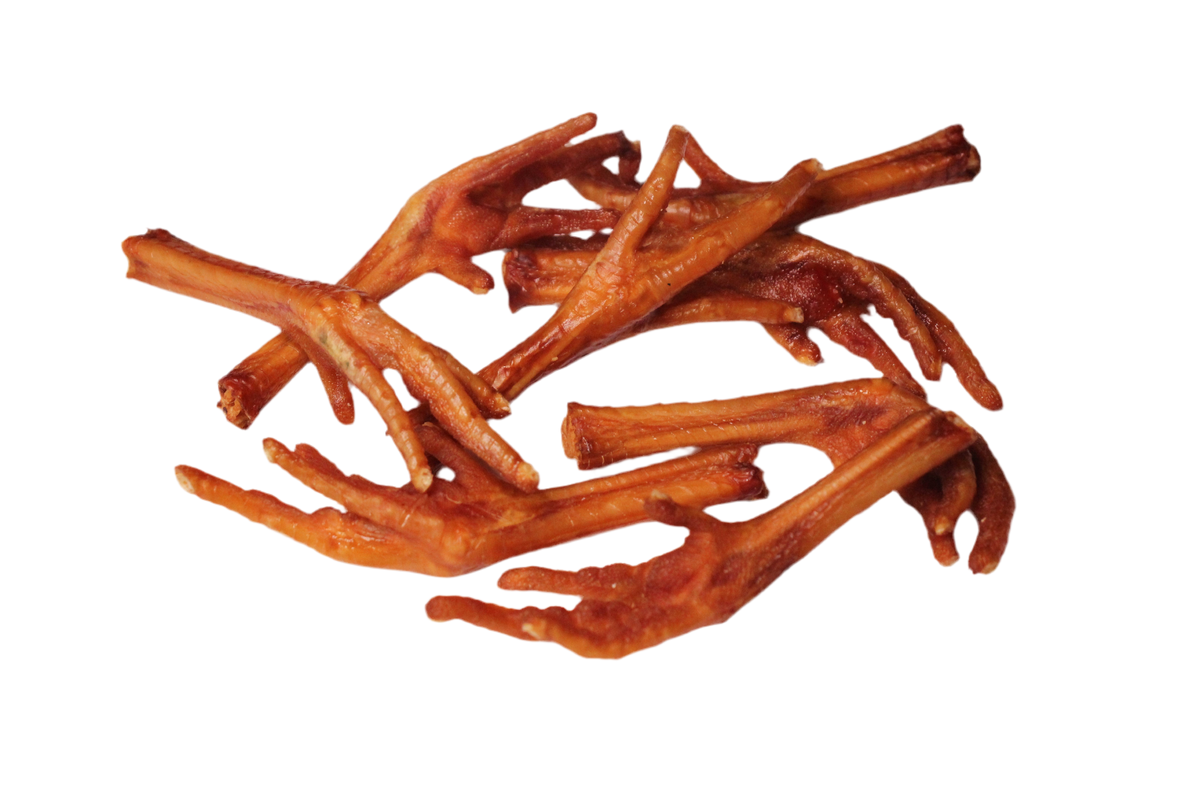 Gedroogde kippenpootjes voor honden, een natuurlijke krokante kauwsnack met kraakbeen en van nature aanwezige glucosamine.