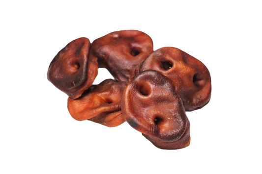 Gedroogde varkensneuzen voor honden met stevige leerachtige structuur, geschikt als natuurlijke kauwsnack voor honden die graag kauwen.