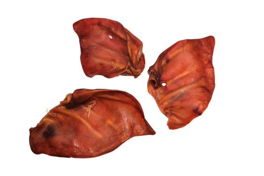 Gedroogde varkensoren voor honden van 30 tot 45 gram per stuk, een stevige natuurlijke kauwsnack voor langdurig kauwplezier.
