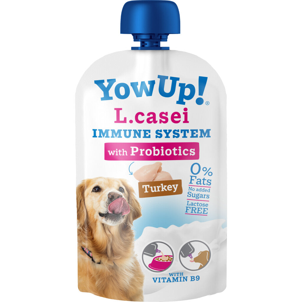 Gefermenteerde lactosevrije yoghurt voor honden met kalkoen, fructo-oligosacchariden en Lacticaseibacillus casei.