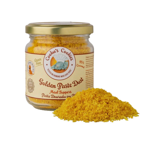 Gouden Pasta voor honden met kokos, kurkuma en zwarte peper, geschikt als natuurlijke maaltijdtopper of pasta voor een likmat.