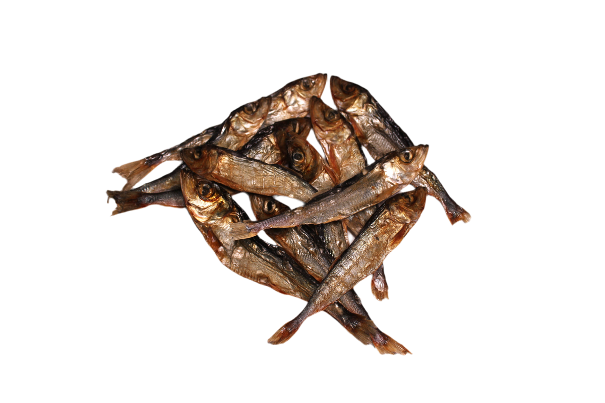 Gedroogde haring voor honden van circa 6 tot 10 cm, een natuurlijke vissnack met omega 3 vetzuren, vitaminen en mineralen.
