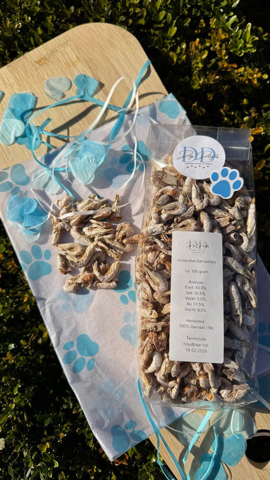 Hollandse garnaaltjes voor honden en katten, een natuurlijke zeevruchtensnack met omega 3 en 6 vetzuren.