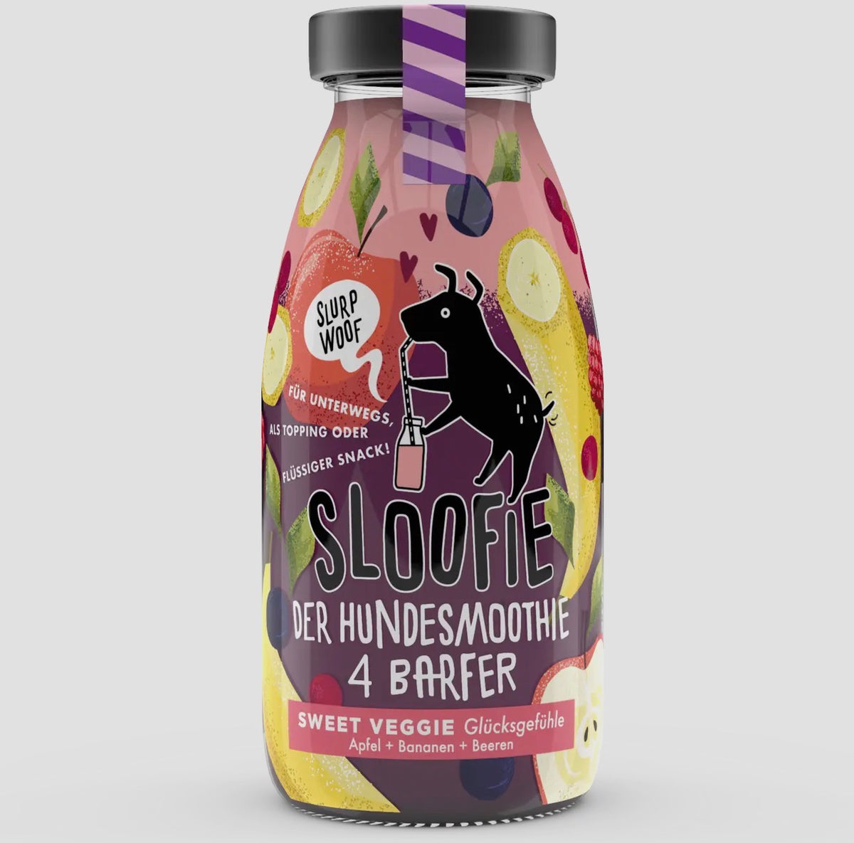 Natuurlijke hondensmoothie met banaan, appel, bessen en plantaardige ingrediënten, geschikt als topping, tussendoortje of hondenijsje.