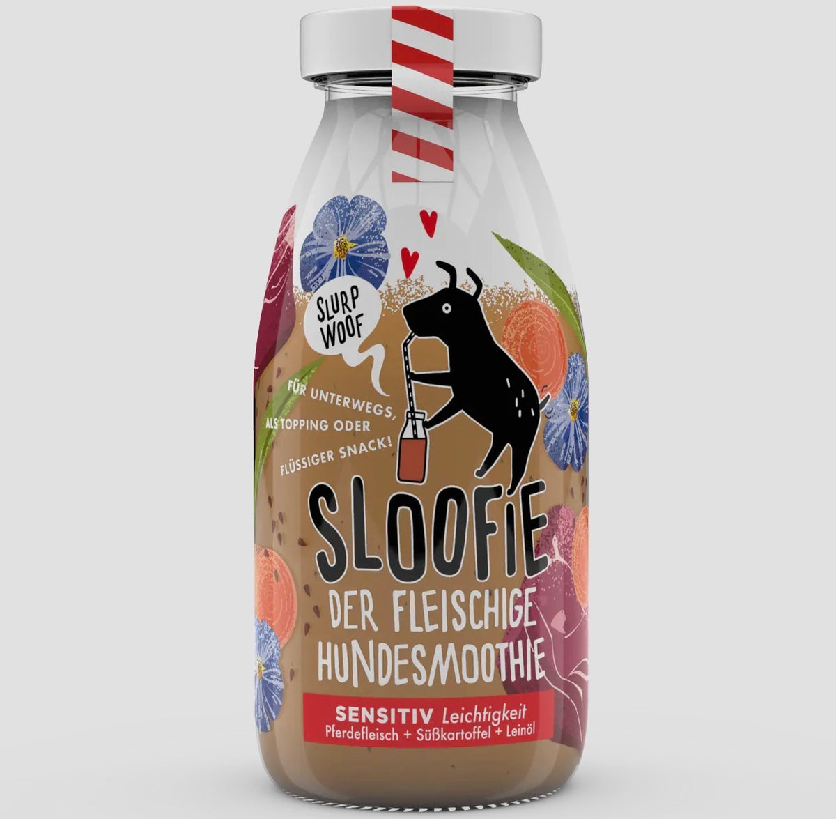 Hondensmoothie met paard, paardenvleesbouillon, zoete aardappel en lijnzaadolie, geschikt als topping of verkoelend hondenijsje.