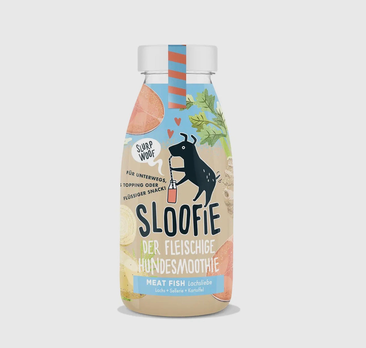 Hondensmoothie met zalm, zalmbouillon, selderij en aardappel, geschikt als topping, likmatvulling of verkoelend hondenijsje.
