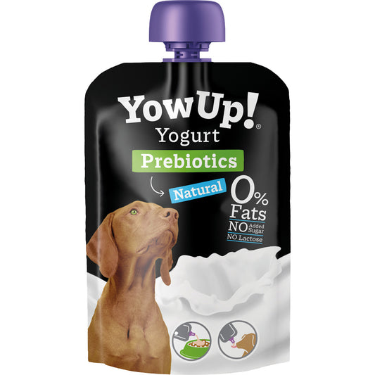 Lactosevrije hondenyoghurt met prebiotica en oligofructose, een vetarme en romige aanvulling op de dagelijkse voeding.