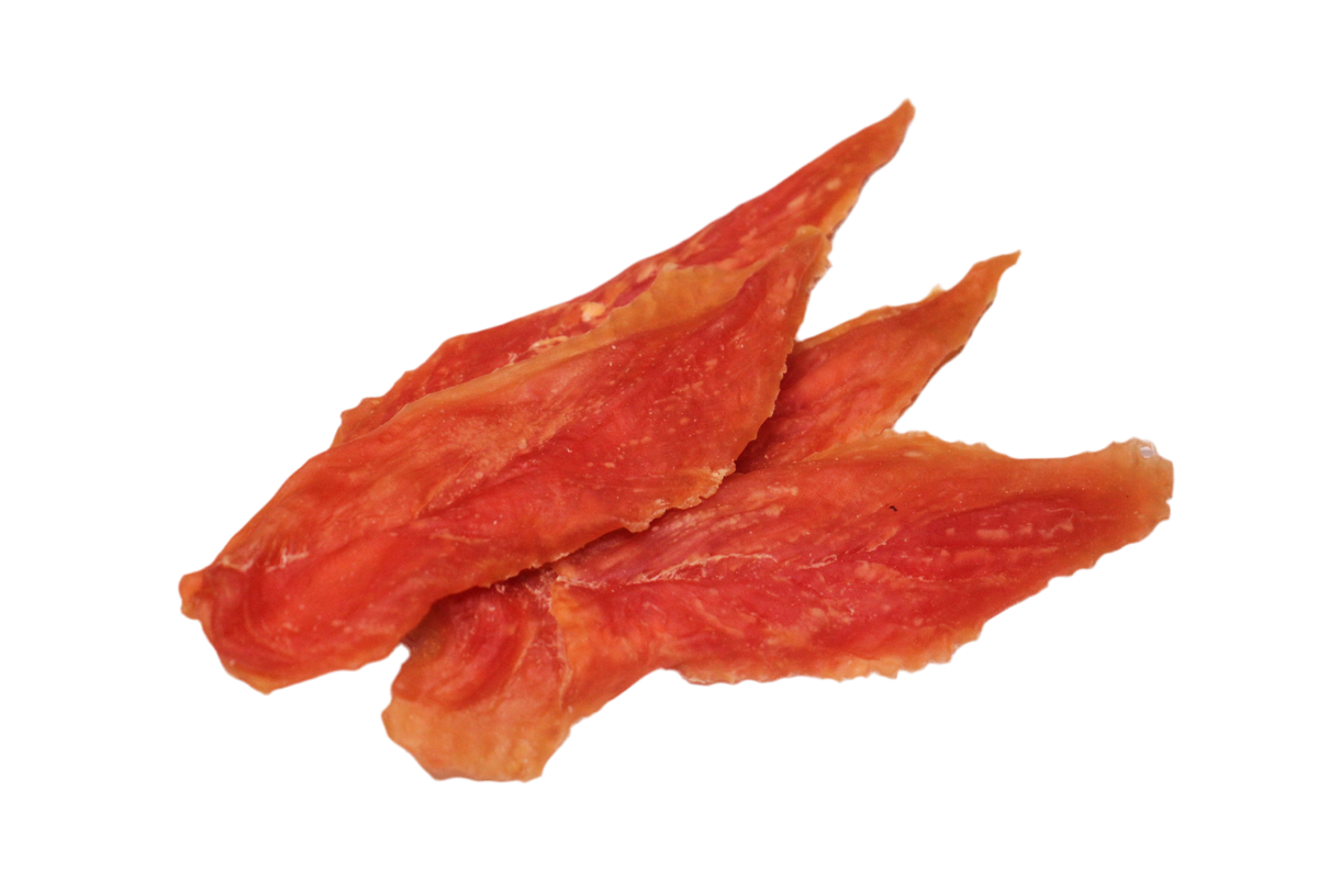 Zachte kipfilet hondensnack met 89,6% kipfilet en hoog eiwitgehalte, geschikt als beloning of tussendoortje.