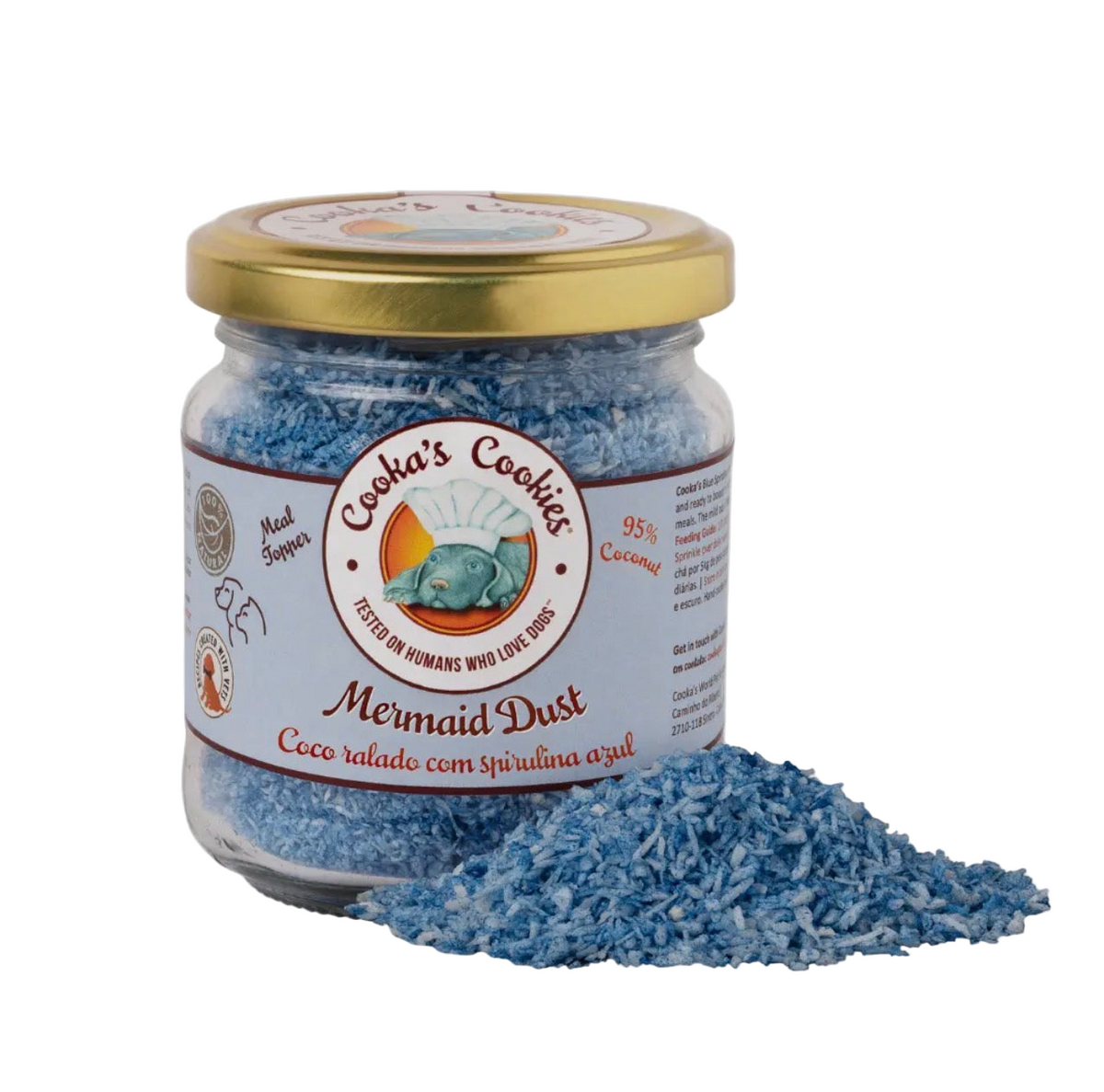 Mermaid Dust voor honden met kokosnoot en blauwe spirulina, geschikt als natuurlijke maaltijdtopper of pasta voor een likmat.