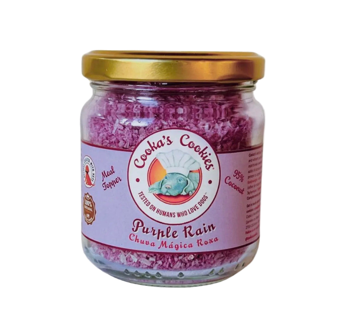 Purple Rain maaltijdtopper voor honden met kokos en paarse zoete aardappel, geschikt over voer of als pasta op een likmat.