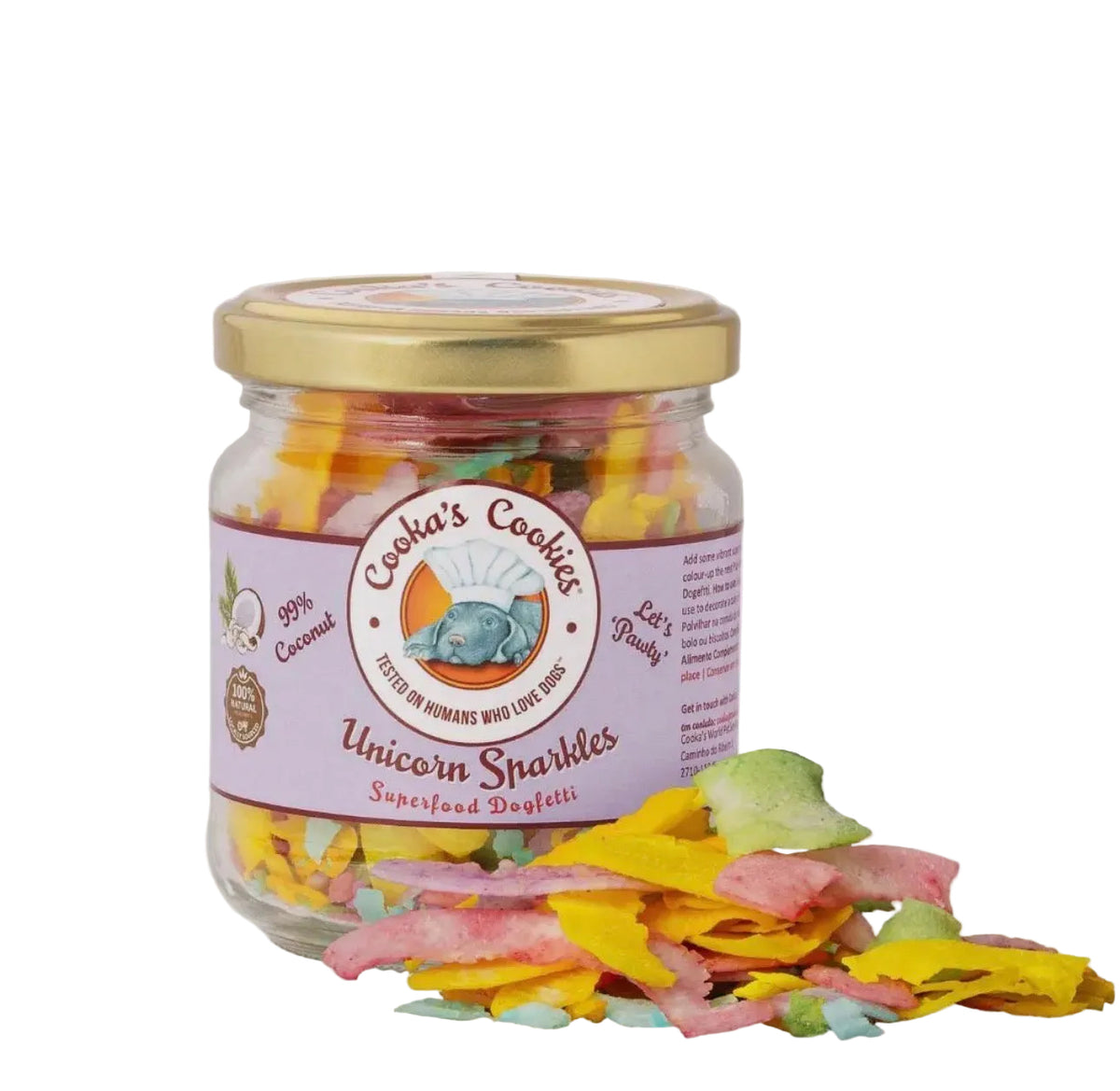 Superfood sprankels voor honden met kokosvlokken, spirulina, kurkuma en biet, geschikt als kleurrijke topping voor voer en likmatten.
