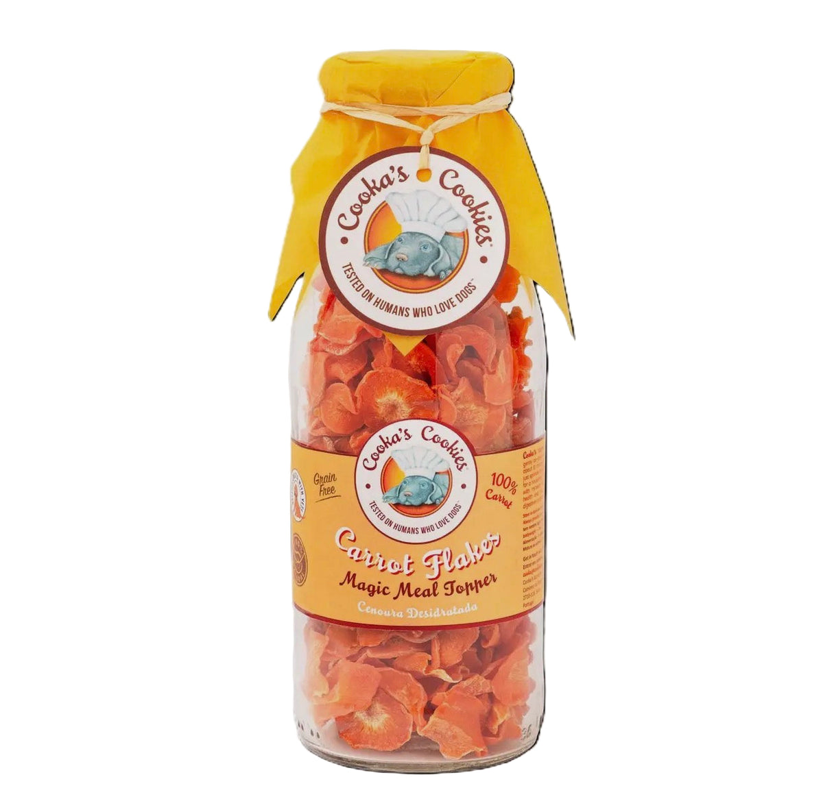 Luchtgedroogde wortelchips voor honden van pure wortel, geschikt als natuurlijke topping of knapperige groentesnack.