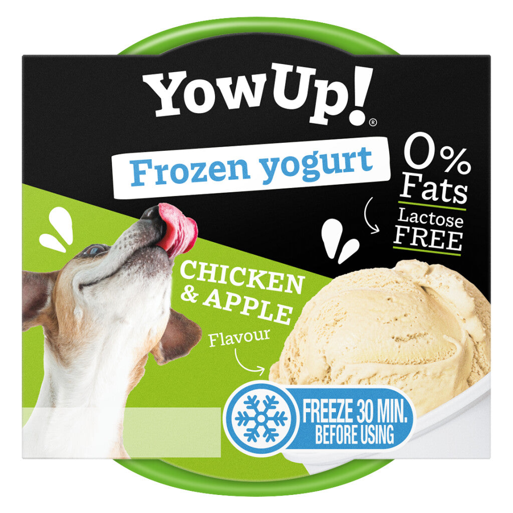 YowUp Frozen Yoghurt Kip en Appel voor honden, een lactosevrij en vetarm yoghurtijsje dat na 30 minuten invriezen klaar is.