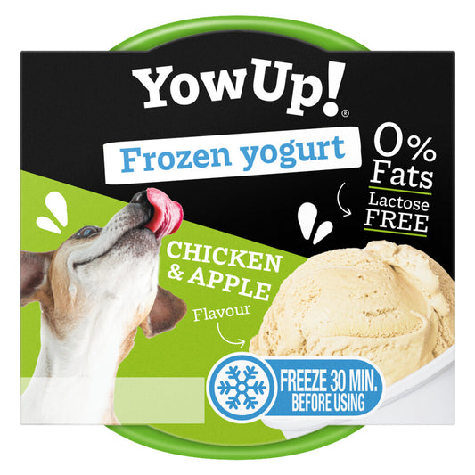 YowUp Frozen Yoghurt Kip en Appel voor honden, een lactosevrij en vetarm yoghurtijsje dat na 30 minuten invriezen klaar is.